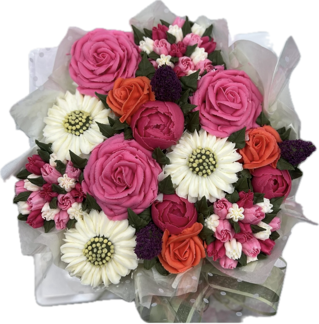 Elegant blush cupcake bouquet with white floral wrap