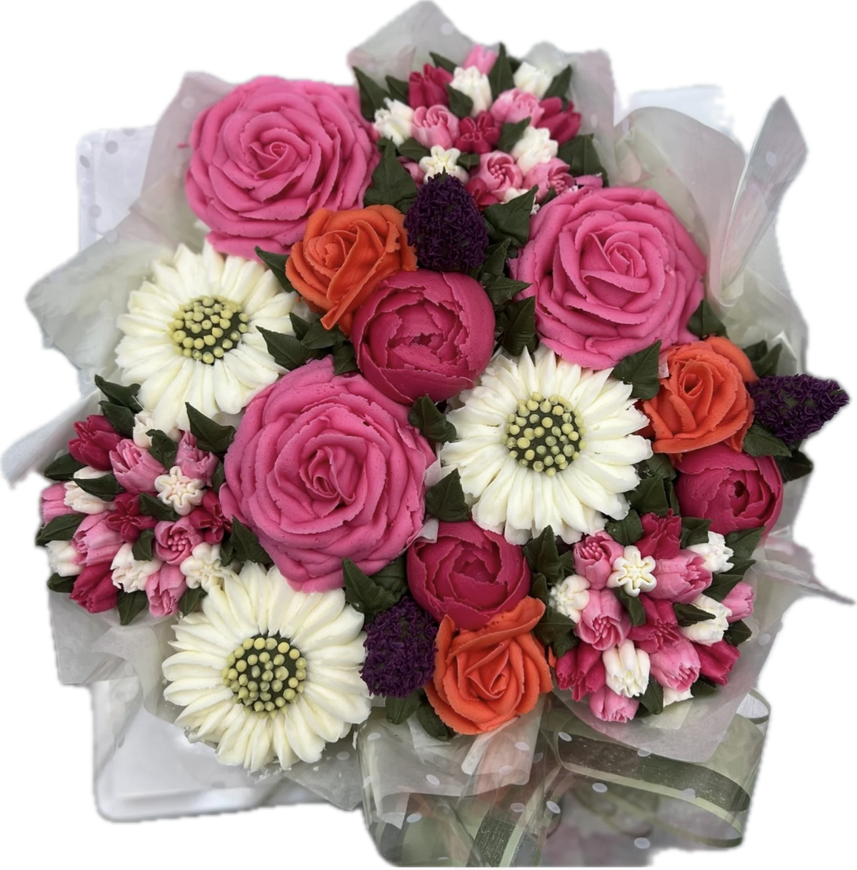 Elegant blush cupcake bouquet with white floral wrap