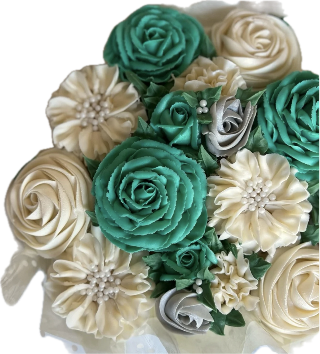 Dusty rose and cream cupcake bouquet with ivory wrap
