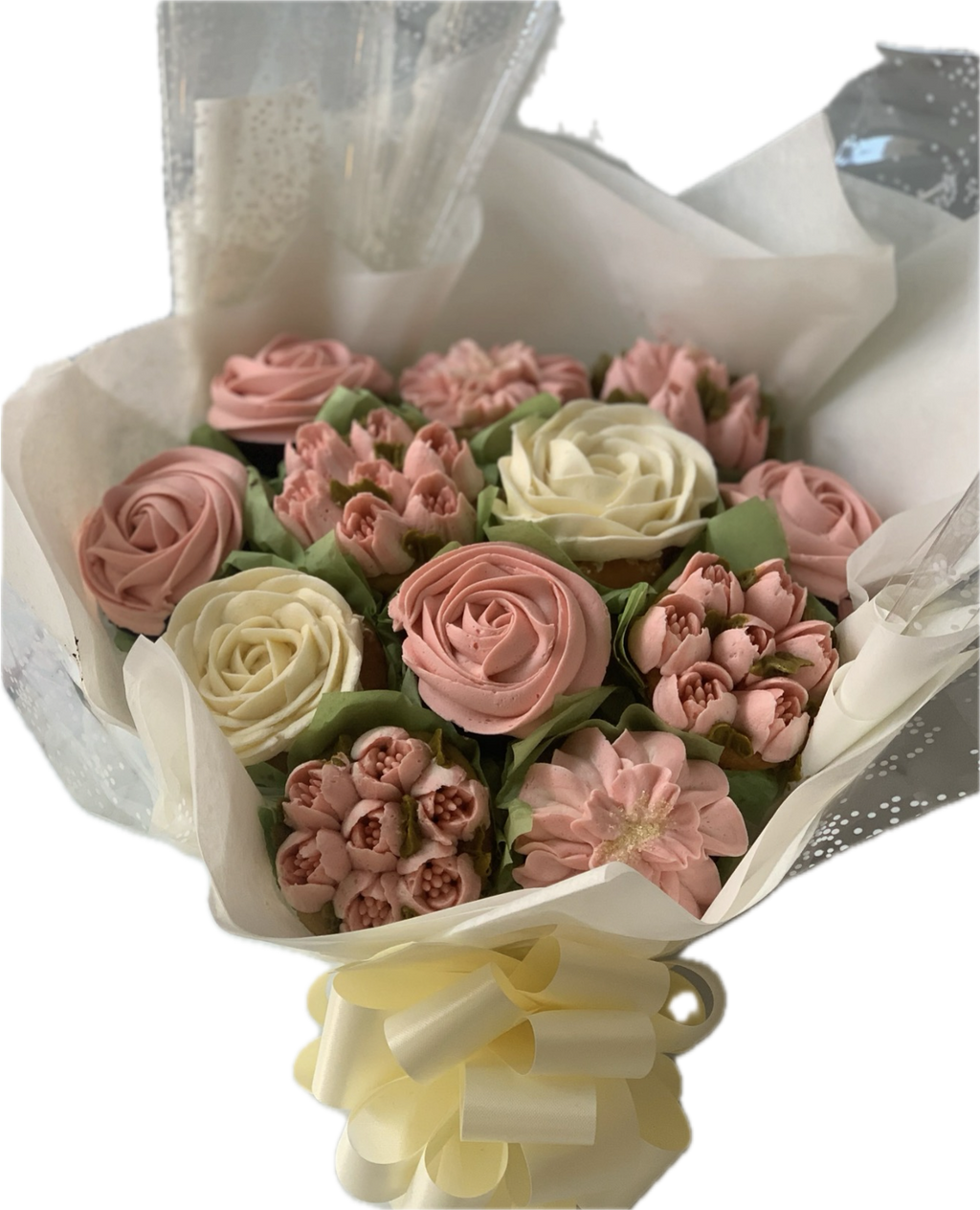 Purple and pink cupcake bouquet in round gift box