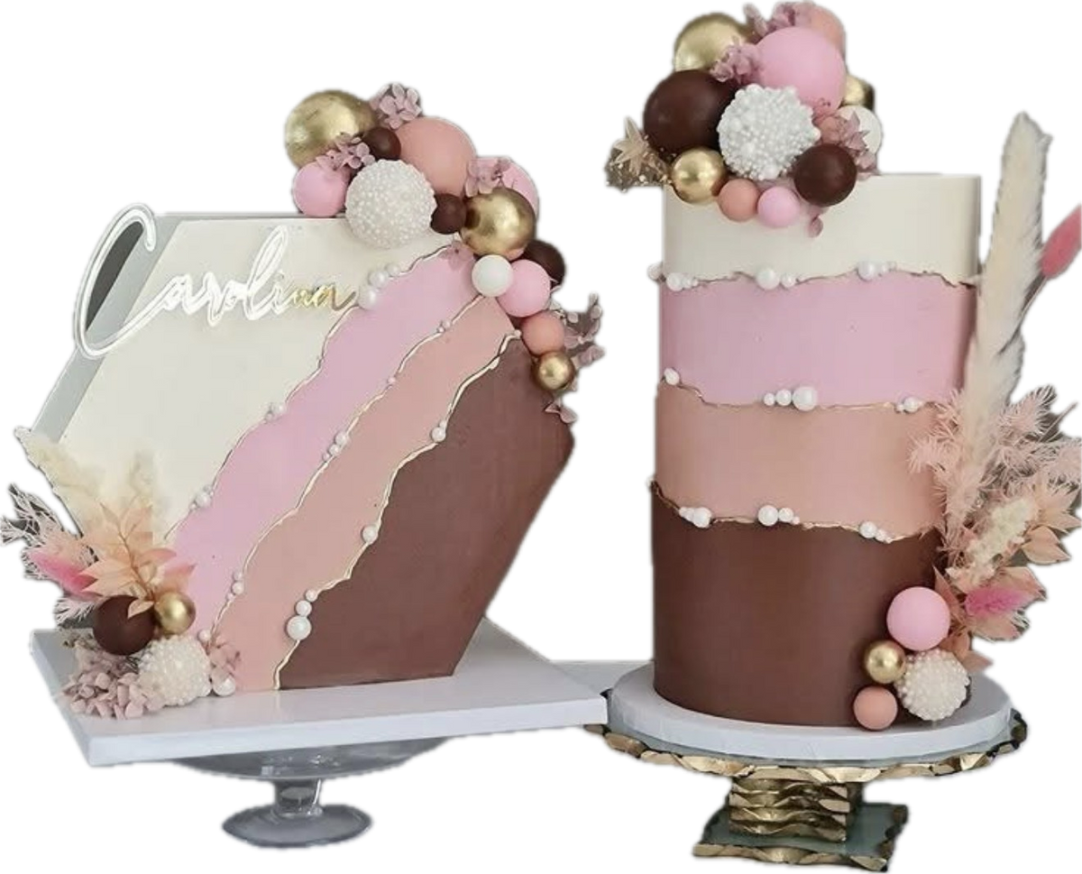 Elegant boho custom cake with pink and gold accents
