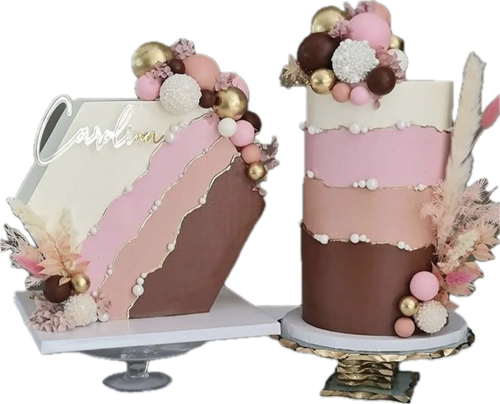 Elegant boho custom cake with pink and gold accents